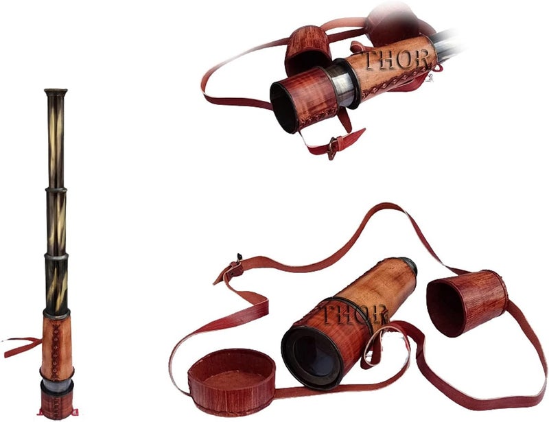 THOR INSTRUMENTS Handheld Pirate Spyglass Brass Nautical Antique Telescope with Leather 18 inches Rustic Vintage Home Decor Gifts - Image 2